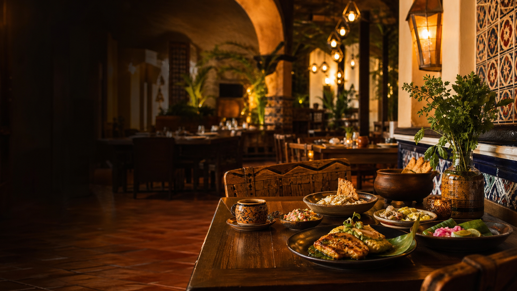 Mesa cálida con especialidades mexicanas en un comedor elegante